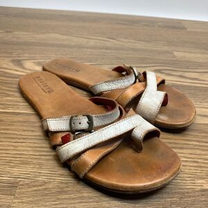 Bed Stu Hilda Slide Sandal Brown And White Lux Leather Open Toe Women's Size 10